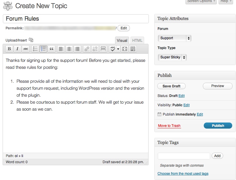 the topic edit screen on the WordPress administration screens
